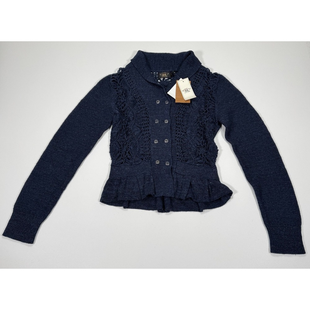 Double RL Ralph Lauren Womens Crochet Knit Cardigan Size 2 Navy Peplum‎ RRL NWT